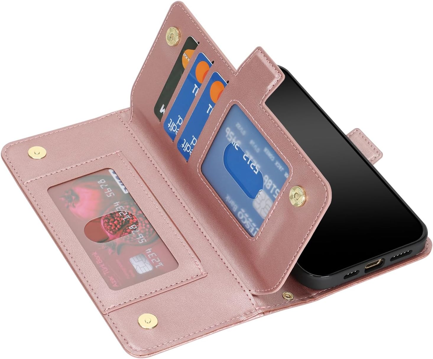 Jaorty for iPhone 13/14 Phone Case Wallet with Crossbody Strap, Shoulder Necklace Lanyard,flip Cover PU Leather, Rhombus for Women Men, Zipper Pocket, Kickstand, Card Holder, 6.1" Rosegold
