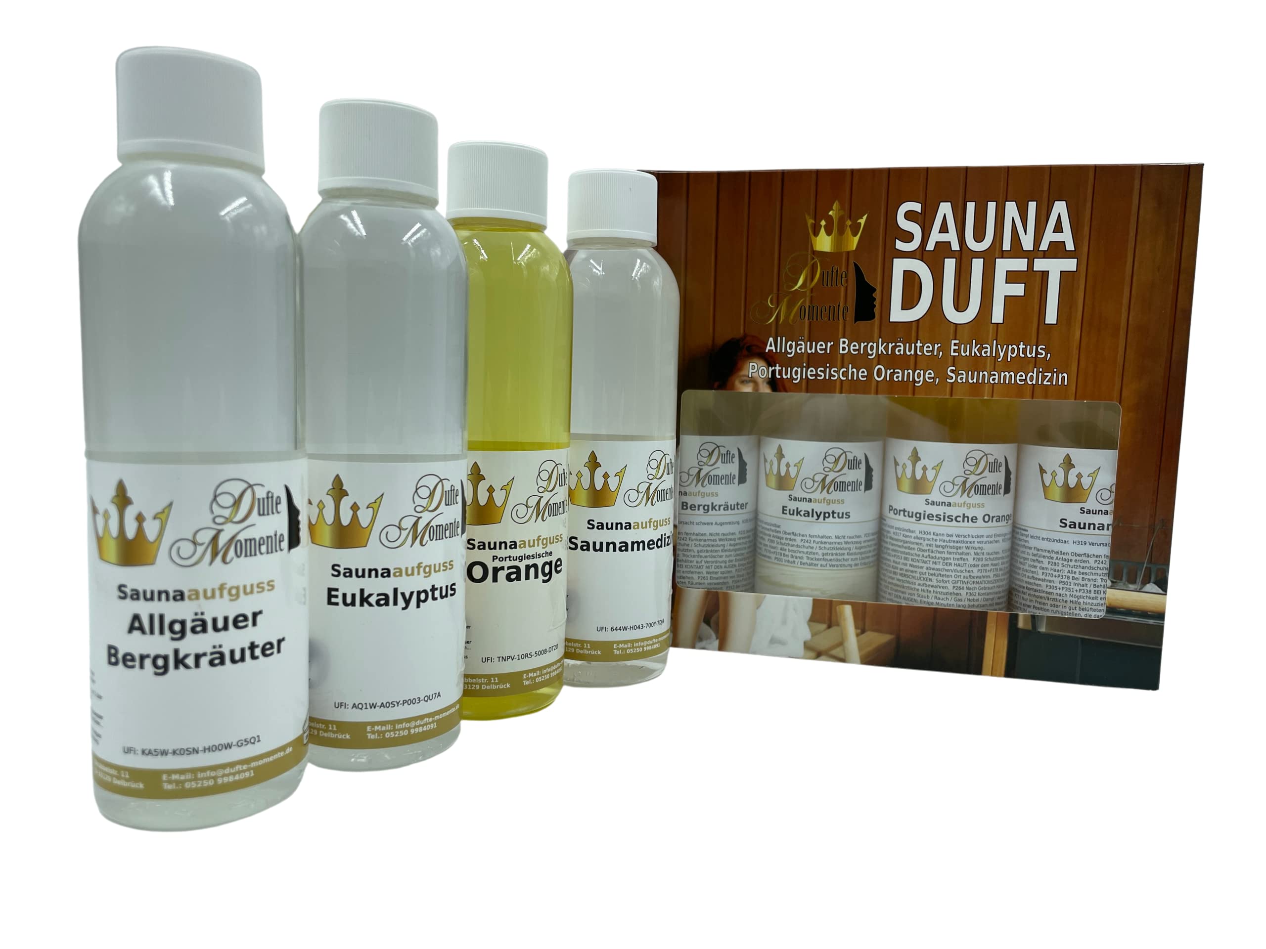 Dufte Momente Saunaaufguss Set 4x250ml - Profi Saunaduft Konzentrat mit Natur- & Duftölen, vegan | Made in Germany