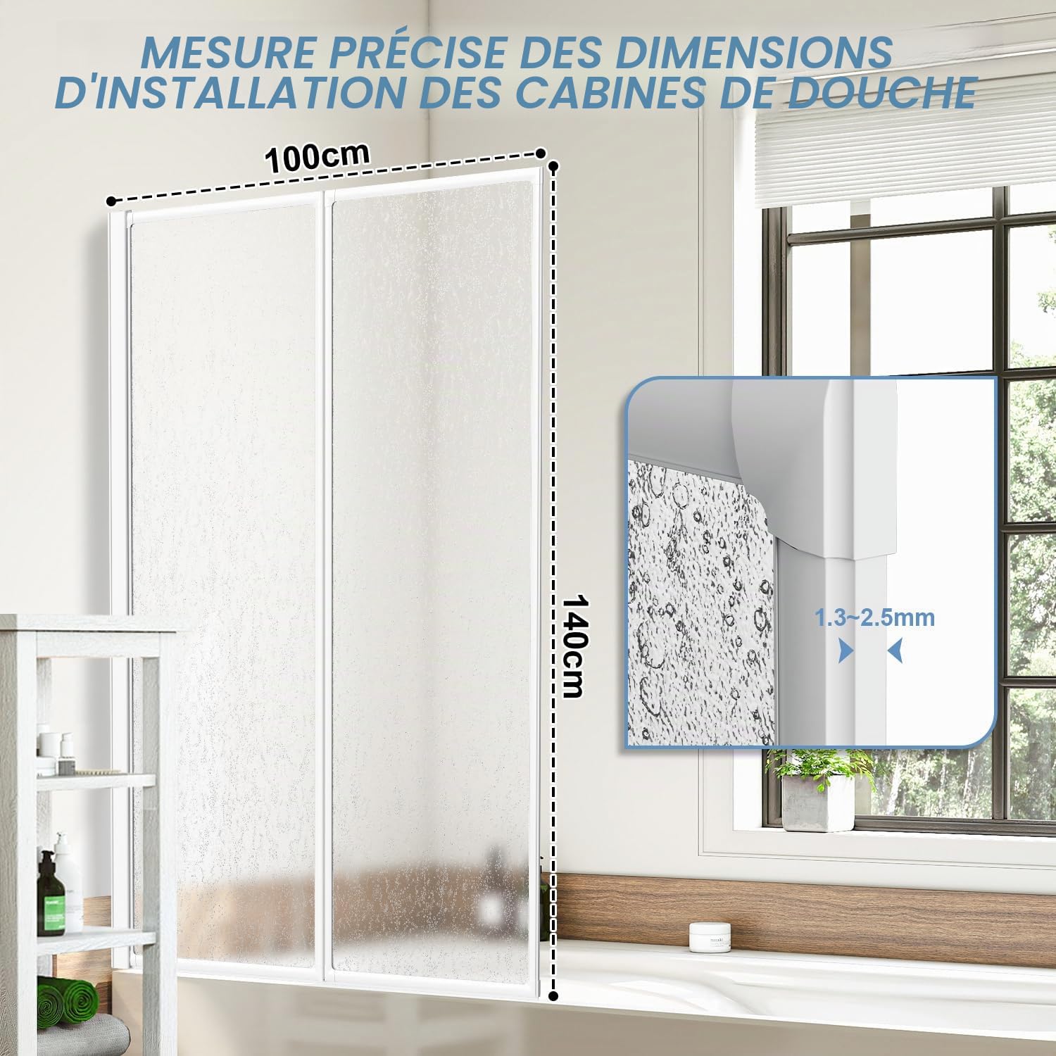 Paroi de douche pour baignoire 100×140 cm, 2 pièces pliables en plastique PS incassable, paroi de douche avec cadre en aluminium blanc, accessoire de baignoire avec structure de gouttes comme