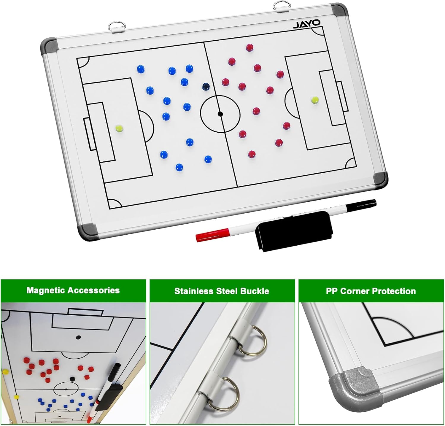 JAYO Soccer Coaches Tactical Board, 18" x 12" Portable Soccer Tactic Board, Double-Sided Magnetic Football Coaching Board Kit with Magnets, Marker Pen and Waterproof Carrying Bag