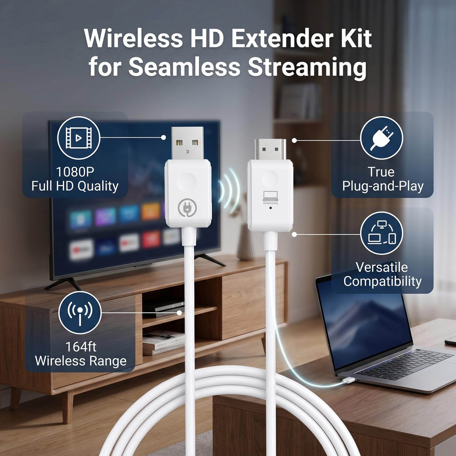 Jectse Bezprzewodowy Nadajnik i Odbiornik Multimedialny HD, Zestaw Przedłużacza USB 1080P Plug and Play ze Stabilnym Transferem Bez opóźnień do 50 M, do Laptopa TV Box, spotkań,
