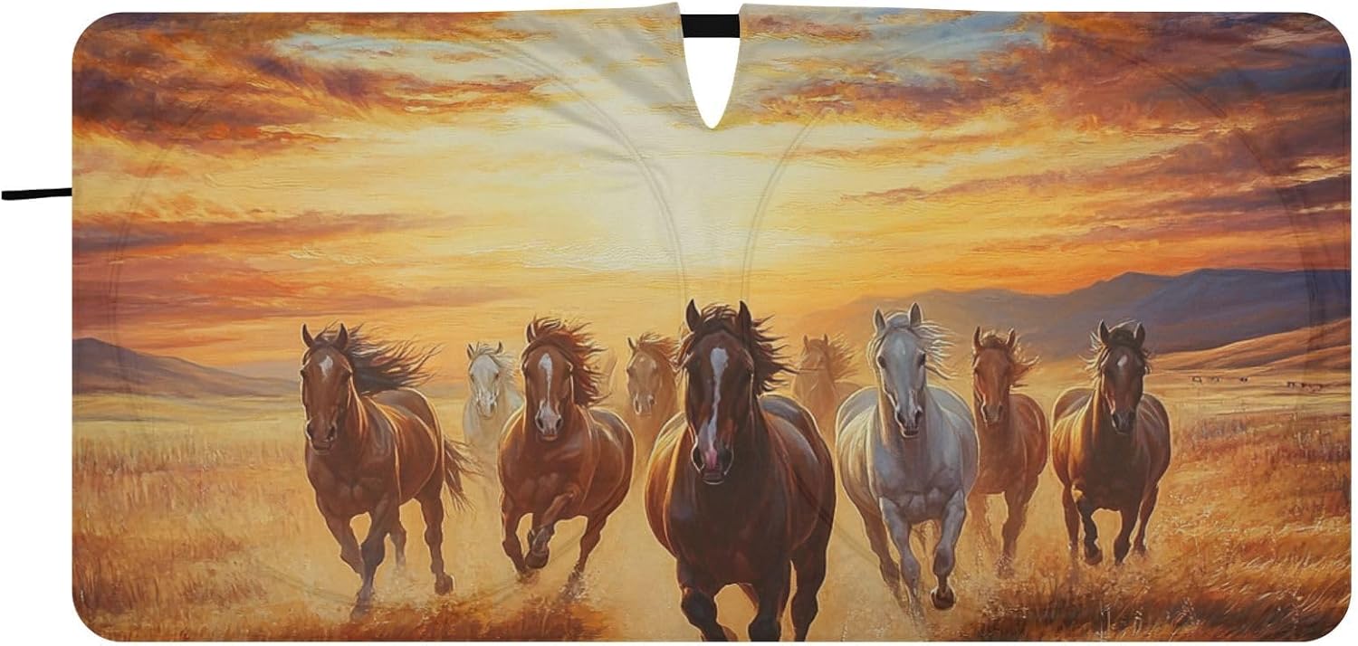 Windshield Sun Shade 62x32 Inch Sunshade for Car SUV Truck Foldable Sun Visor Blocker Cover for Car Windshield Sunset Nature Horses