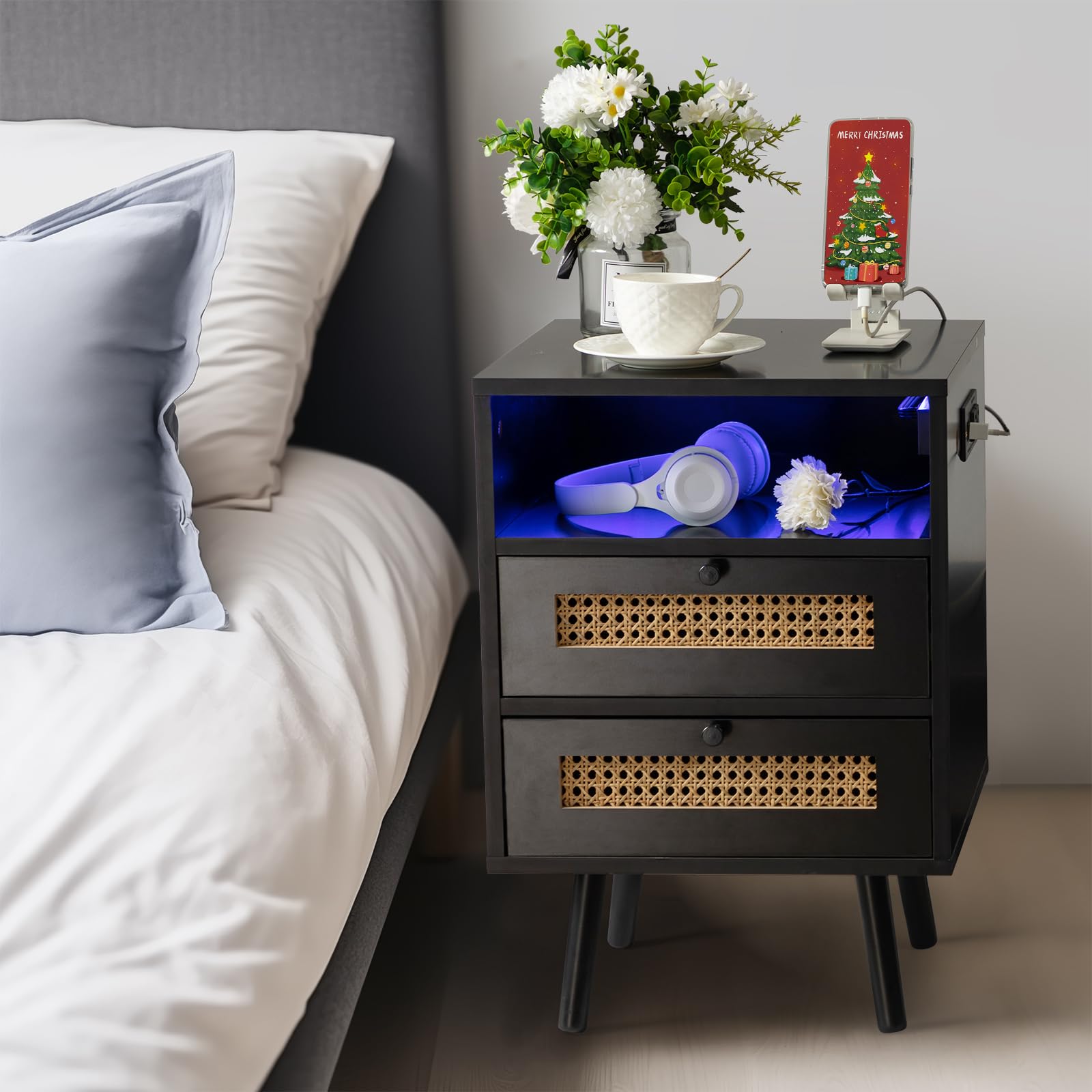 TINSAWOOD Black Nightstand with Charging Station, Wood Nightstand Bedside Tables Bedroom, Rattan Nightstand with Drawers, Smart Nightstand with LED Lights, Modern Led Nightstand, Boho Dresser
