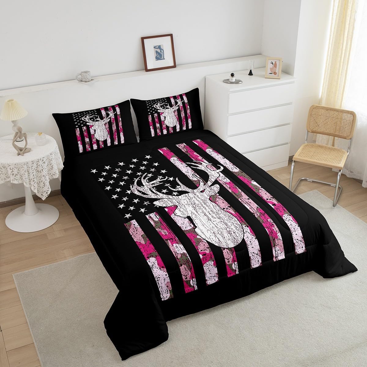 Erosebridal Deer Hunting Comforter Set Queen Pink Military Camo Down Comforter Retro Camouflage American Flag Bedding Set for Kids Girls Teen Women,Western Farmhouse Quilted Duvet Sets 2 Pillow Cases