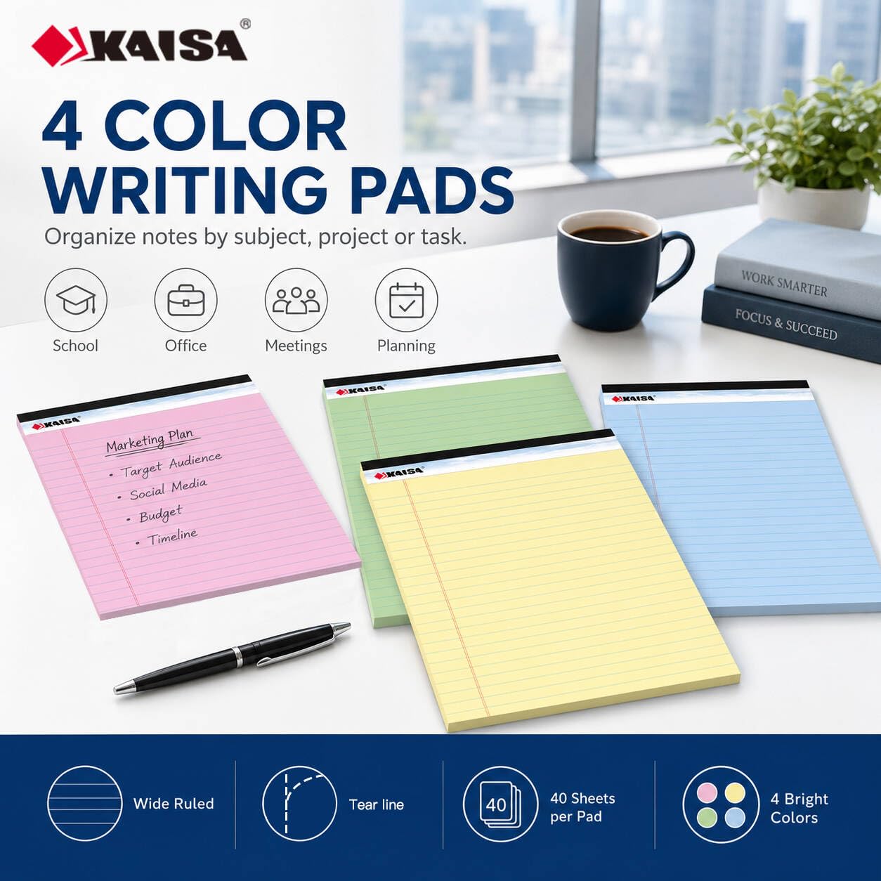 KAISA KSU-5977 Schreibblöcke, breit, liniert, 21,6 x 29,8 cm, dickes 9 kg, farbiges Papier, 40 Blatt/Block, 21,6 x 29,8 cm, perforierter, geschriebener Block, stabile Rückseite, 4 Blöcke 32 DE