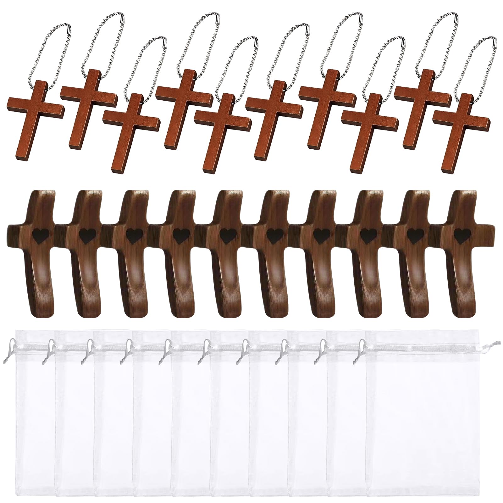 zhongko 30Pcs Wooden Cross with Gift Bags, Cross My Heart Handheld Crosses & Pendant, Small Pocket Crosses Encouragement Gifts, Fingertip Stress Relief Gifts for Adults