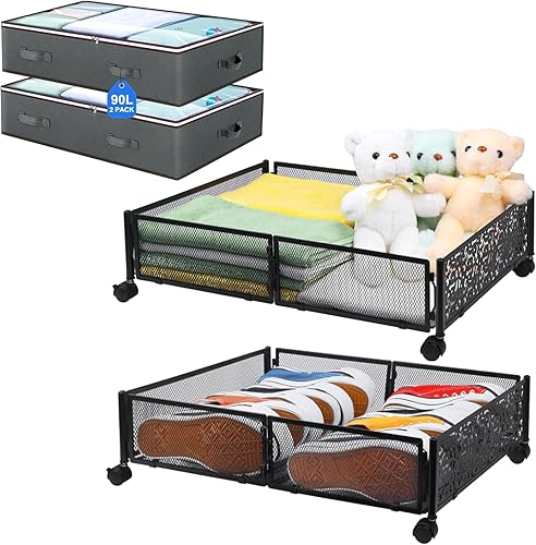 Idle Way Contenedores de almacenamiento debajo de la cama con ruedas, paquete de 2 y bolsas de almacenamiento de 90 litros, 2 unidades, montaje sin