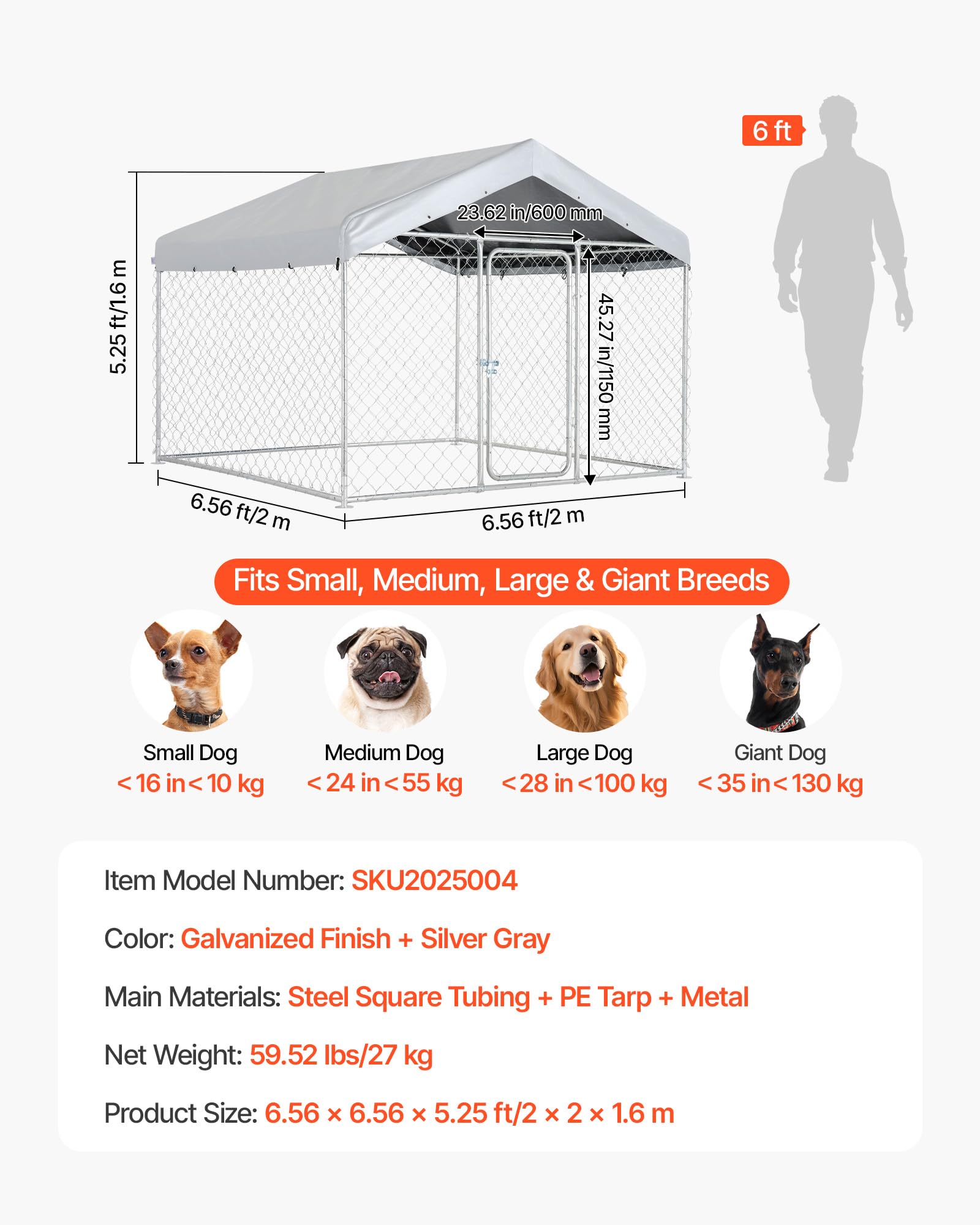 VEVOR Hundezwinger, 2x2x1,6 m, Hundehütte mit Sicherheitsschloss, Outdoor Hundehaus mit UV-Beständiger & Wasserdichter Dachabdeckung, Robuste Hundegehege/Auslauf für Große Hunde