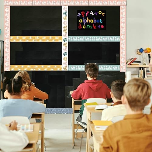 Miniatura 6 de Bordes de tablón de anuncios de arcoíris bohemio de 68 pies, decoraciones retro geniales para aula, bordes de arcoíris y sol, bordes de lunares para