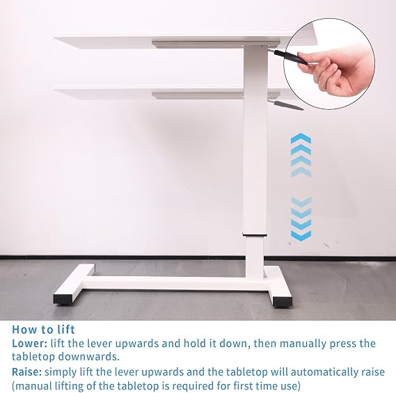 Adjustable Overbed Bedside Table with Swivel Hidden Wheels, Pneumatic Sliding Desk Mobile Desk Workstation for Home and Hospital (White)