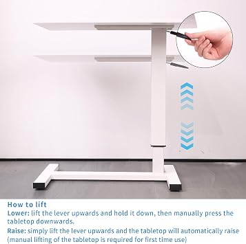 Adjustable Overbed Bedside Table with Swivel Hidden Wheels, Pneumatic Sliding Desk Mobile Desk Workstation for Home and Hospital (White)