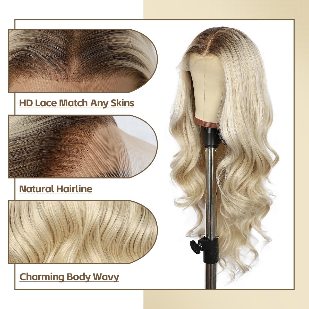Blonde Lace Front Wig for Women 13x4 Body Wave Synthetic Wigs Pre-plucked Long Wavy 150% Density with Dark Roots Cosplay Daily Party Use 26 Inch