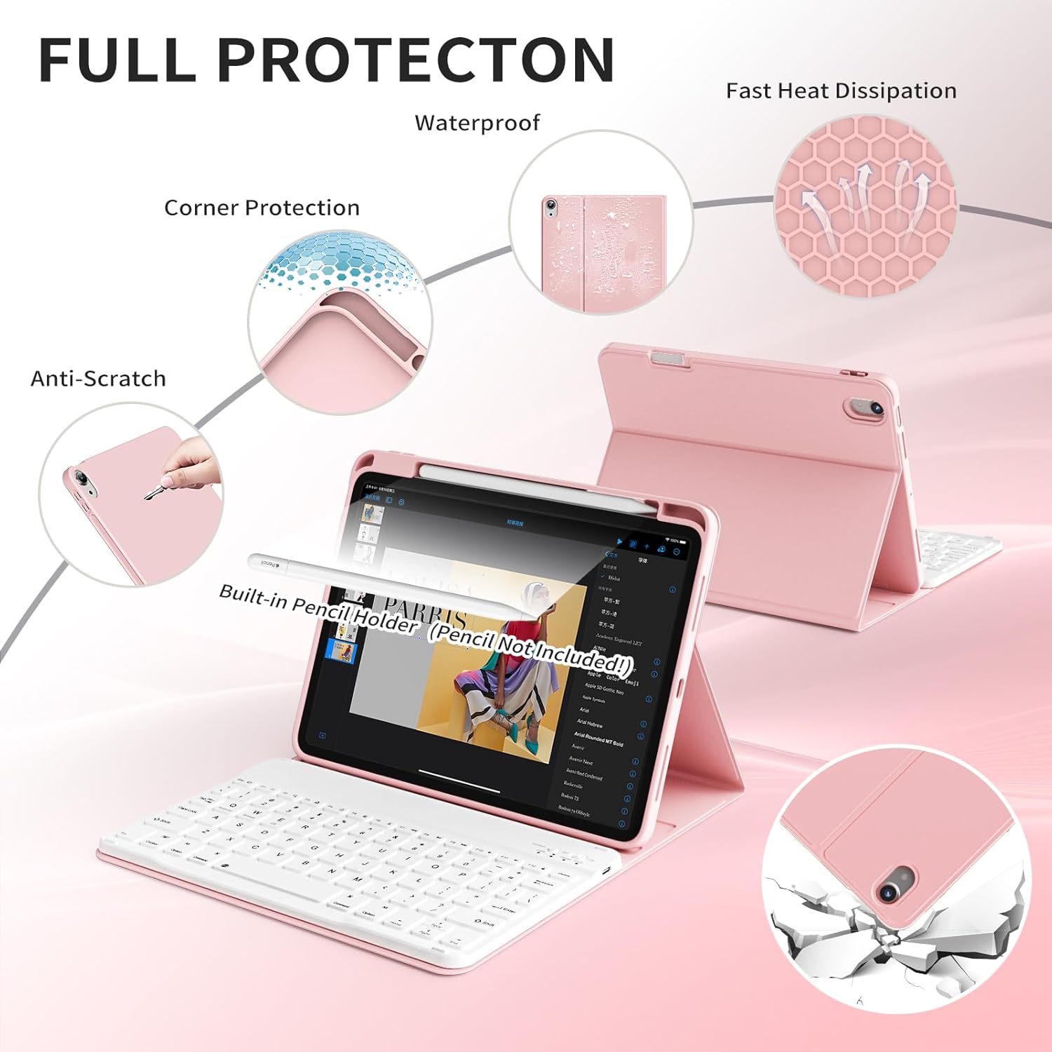 kenke Keyboard Case for iPad 11 Inch A16 2025/10th Generation 10.9 Inch 2022 with Pencil Holder, Stand Folio Detachable Wireless Bluetooth Rechargeable Magnetic Keyboard, Auto Sleep/Wake, Light Pink