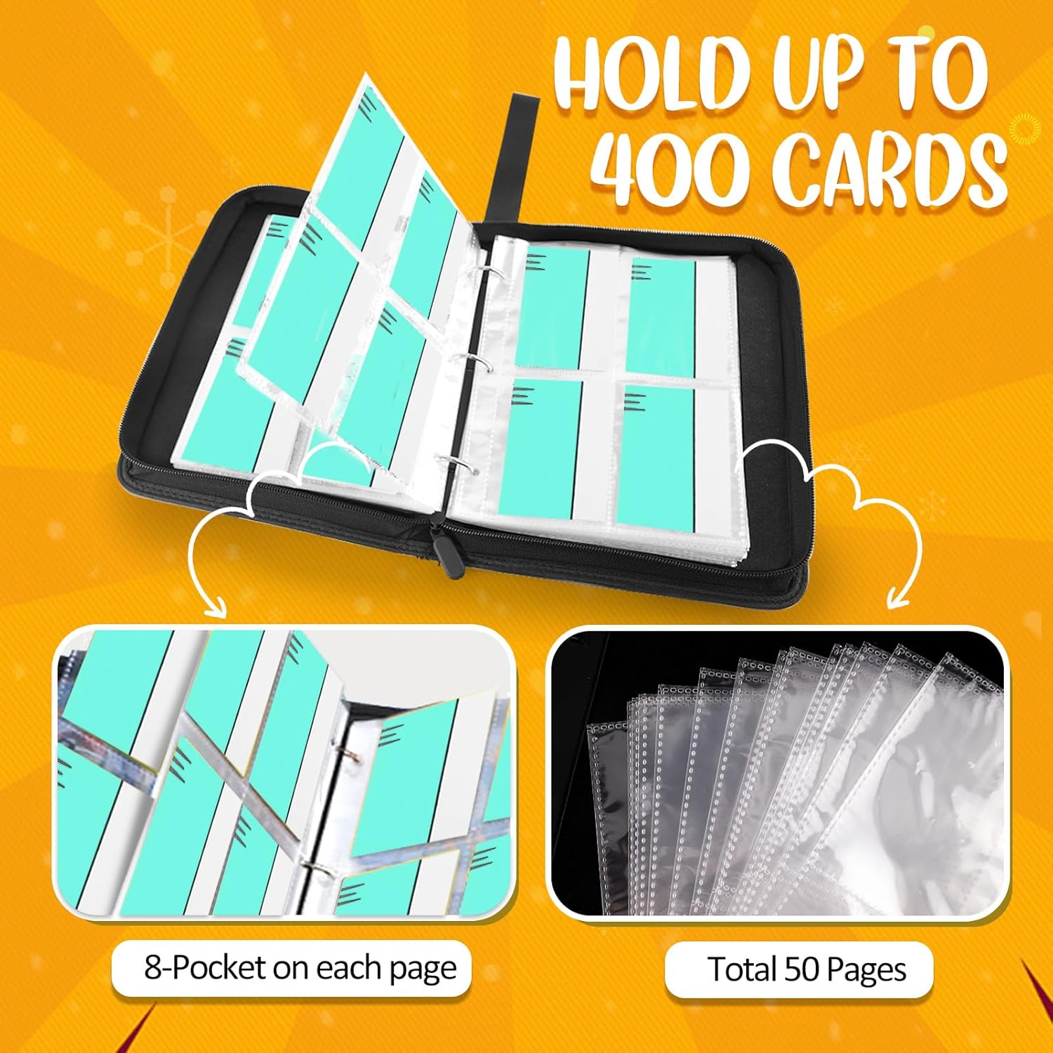 Card Binder 4 Pocket, Collectible Trading Card Albums Fits 400 Cards with 50 Removable Sleeves, Portable Trading Card Binder Collection Album Holder, Game Card Case book With Zipper for Gifts, L-Green