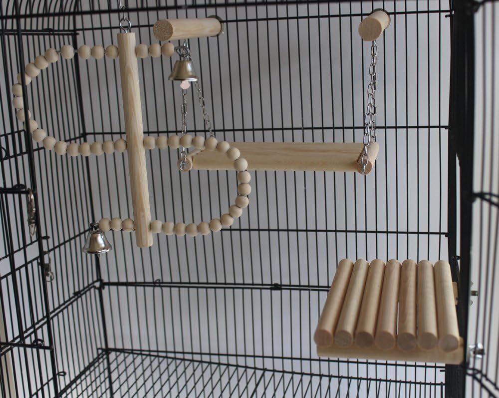 QBLEEV Natural Wood Bird Toys SetPlaced in The Bird Cage, Playground for Small and Medium Parrots Parakeet Conure Cockatiel Budgies Hamster Cage,Pack of 4