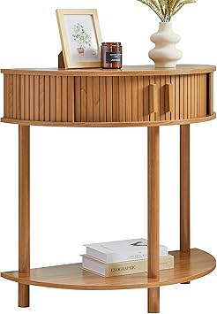 Entryway Table, Half Moon Fluted Console Tables with Storage, Mid Century Modern Small Half Round Sofa Tables for Hallway, Narrow Curved Accent Decor Table for Living Room Mid-Century Modern, Walnut