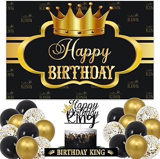 King Birthday Decorations for Men Happy Birthday Party Backdrop Banner for Boy's Black and Gold Balloons Happy Birthday King Decorations Cake Topper Sash King Crown Balloon for Royal Boy