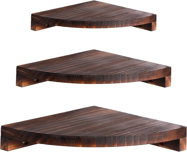 Suwimut 3 Tier Radial Corner Shelves for Wall, Solid Wood Floating Wall Mounted Corner Storage Shelves for Display of Books, Photos, Small Plant, Wall Decor