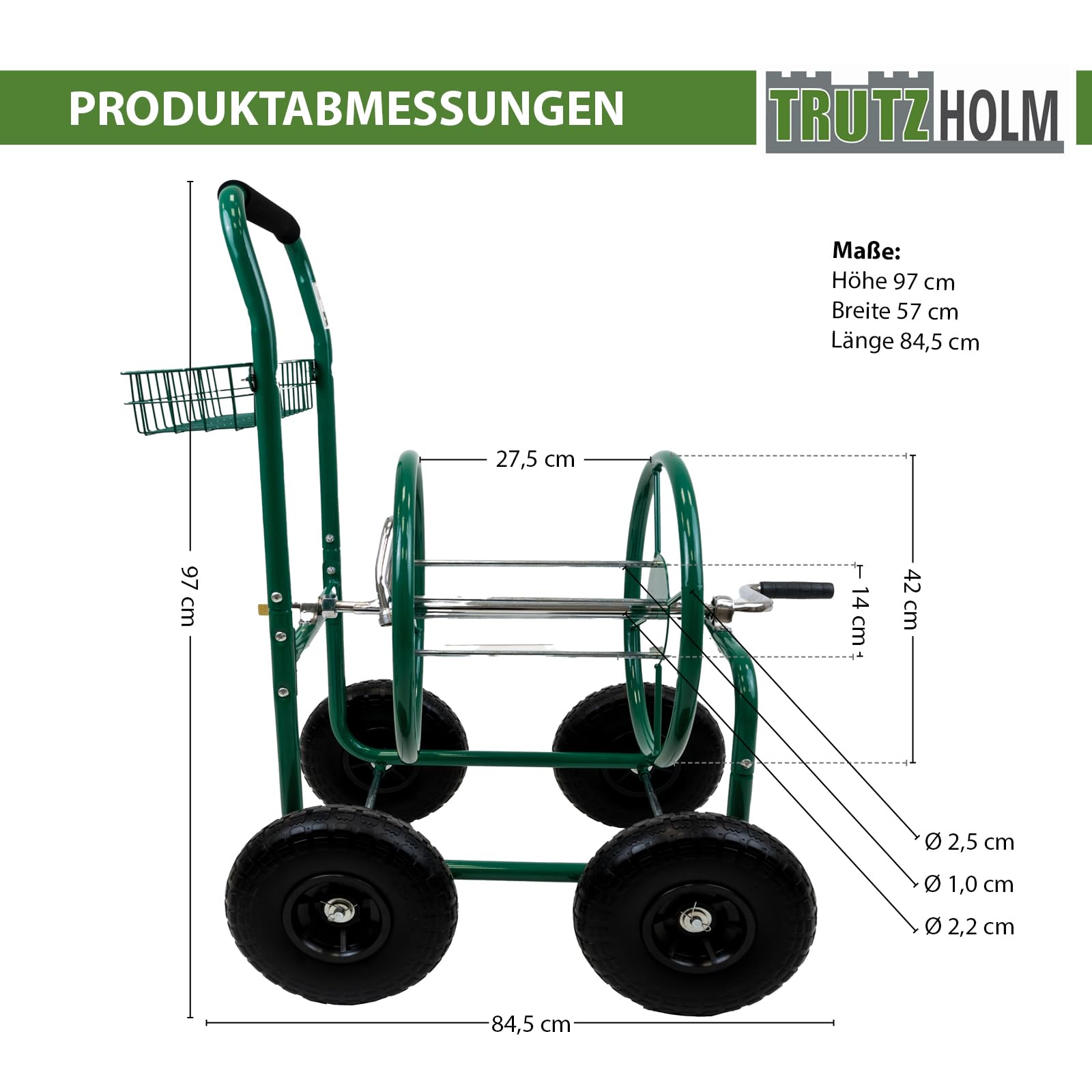 TRUTZHOLM Schlauchwagen Premium 4 Vollgummiräder, 92 x 57 x 78, pulverlackierter Stahl, für 80 m Gartenschlauch, Anschluß 3/4", adaptierbar auf 1/2 Zoll, Gartentrommel Schlauchabroller Schlauchhalter