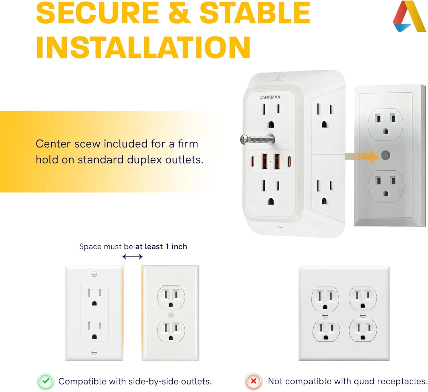 Multi Plug Wall Outlet Extender - 6 Outlet Splitter & 4 USB Ports with 20W PD USB-C Fast Charging, Smart Night Light, 3-Sided 1050J Surge Protector Power Strip for Home, Office, Dorm Room Essentials