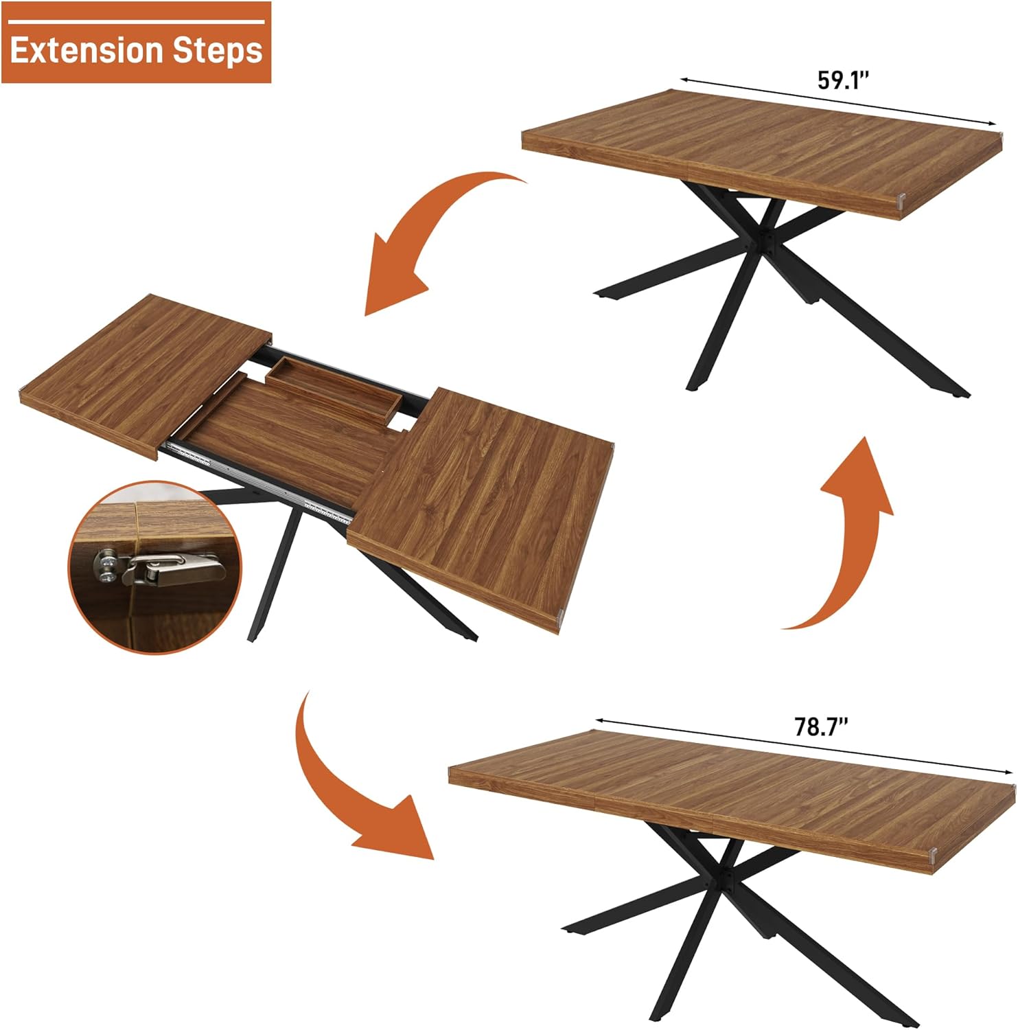 Diagram illustrating the steps to extend the dining table, showing the tabletop sliding apart, the leaf being inserted, and the table fully extended.