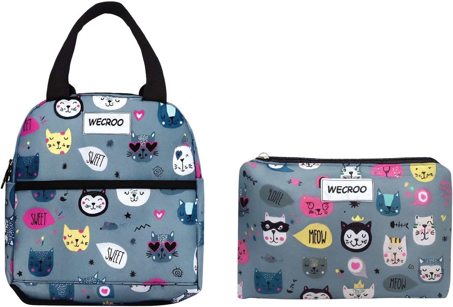 GIRLISH Insulated Lunch Bag, Cat Pattern Design,Insulated Lunch Bag Office Picnic Lightweight Tote Bag Waterproof Canvas for Women, Men and Office Girls (Grey kitty)
