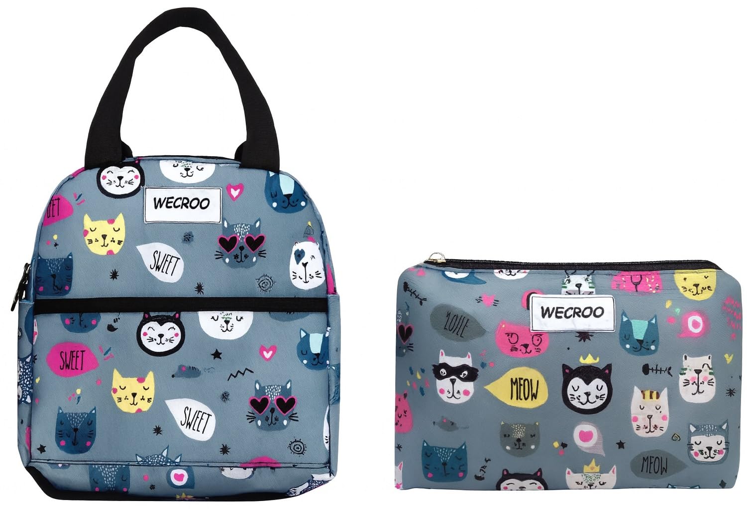 GIRLISH Insulated Lunch Bag, Cat Pattern Design,Insulated Lunch Bag Office Picnic Lightweight Tote Bag Waterproof Canvas for Women, Men and Office Girls (Grey kitty)