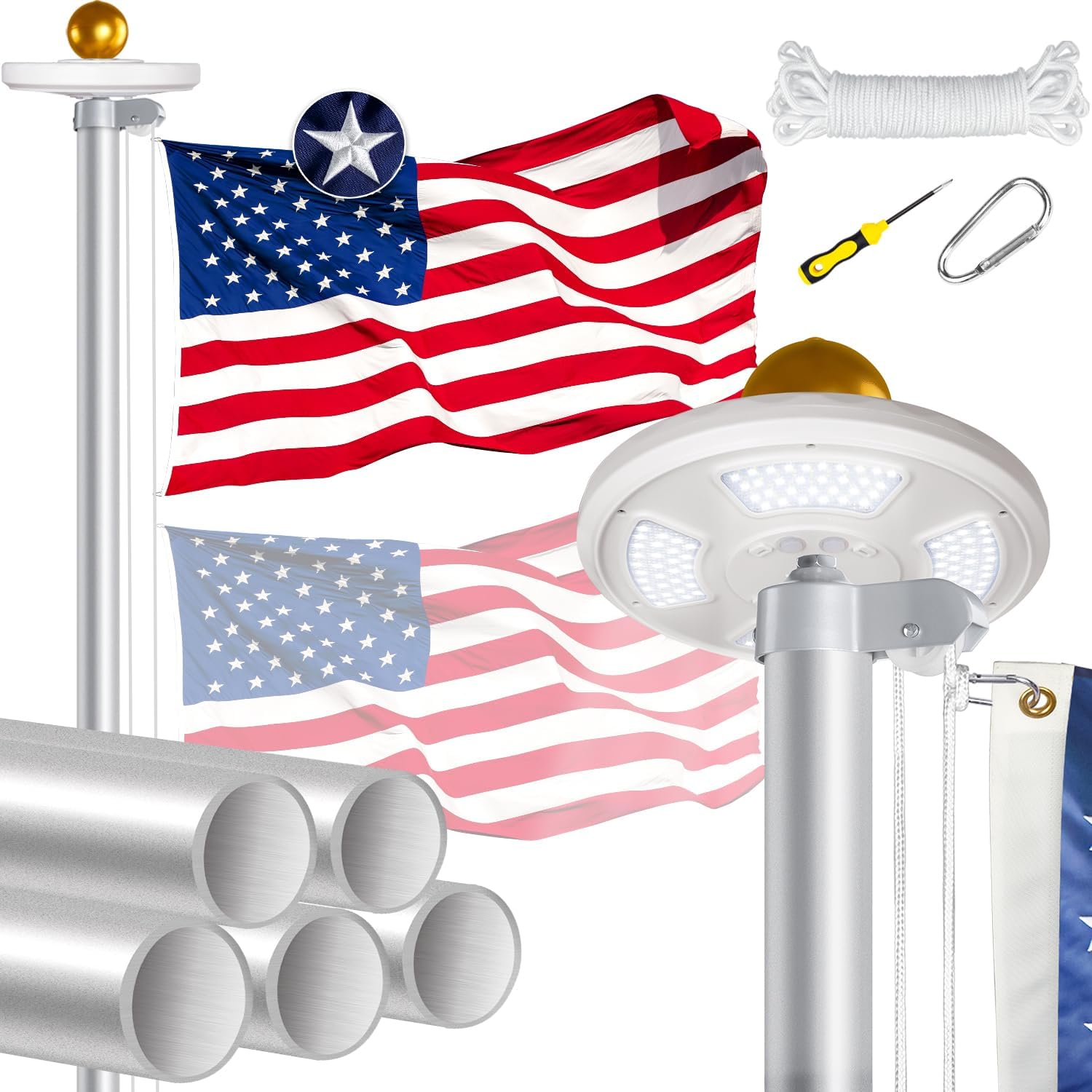 Heavy Duty Flag Pole Kit with Solar Light, 20 FT 13 Gauge Aluminum in Ground Flagpole with 128 LEDs Solar Powered Set for House Outside, with Embroidered American Flag, Residential Commercial, Silver