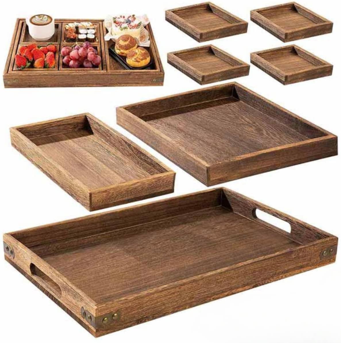 Wooden Serving Trays Set EcoFriendly Paulownia Wood, Nesting Design