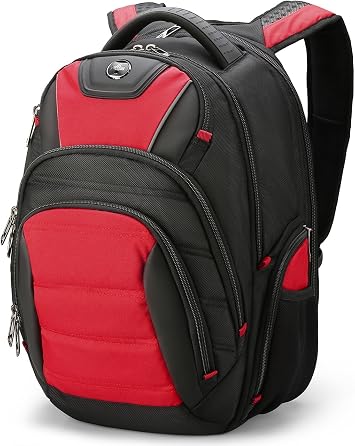 Swissdigital Design Mens Laptop Backpack for College and Business Travel with Integrated USB Charging Port and RFID Protection Fits 15.6" Laptops Black/Red | J14-41