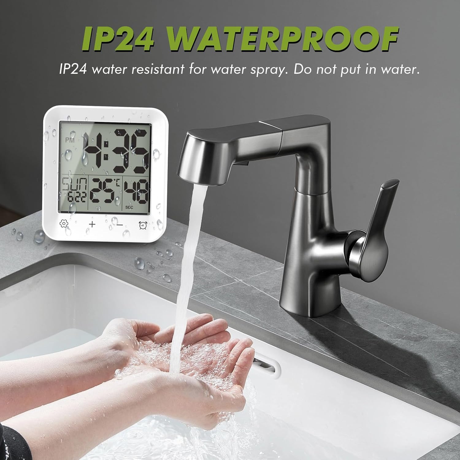 Wisoee Digital Shower Clock next to a running faucet, illustrating its IP24 waterproof rating.