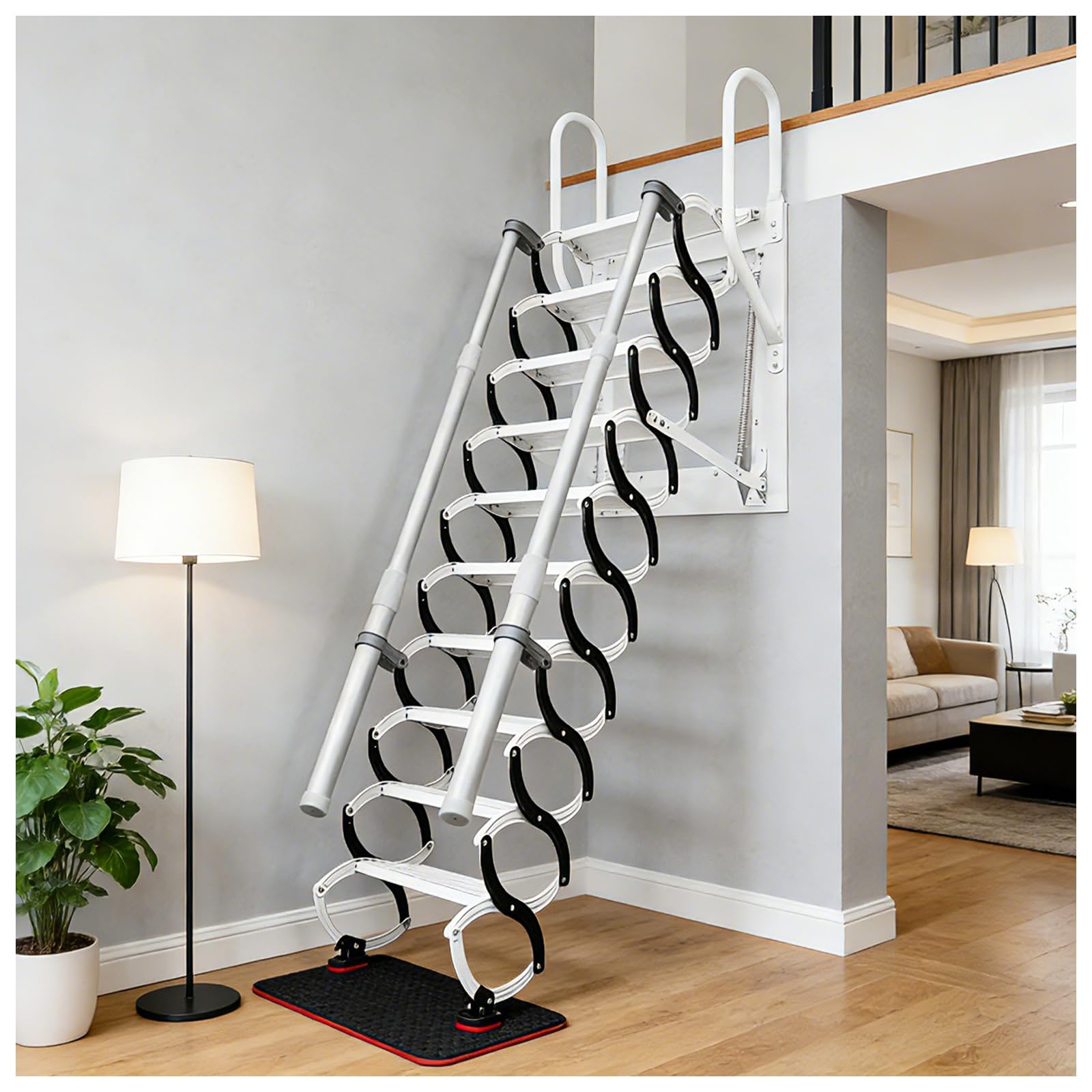 Dachbodentreppe, 9 Stufen Extra-Breite Stahl wandmontierte Versenkbare Treppe, Dachbodenleiter Ausziehbar, Dachtreppe, mit 2 Handläufen, Tragkraft 300 kg, rutschfesten Stufen