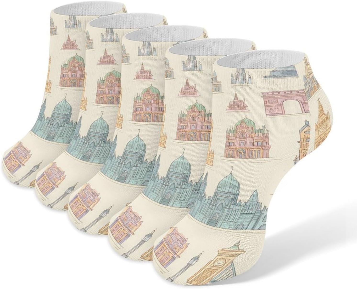 World Famous Landmarks No Show Ankle Socks Low Cut Non Slip Flat Boat Line 5 Pairs Set