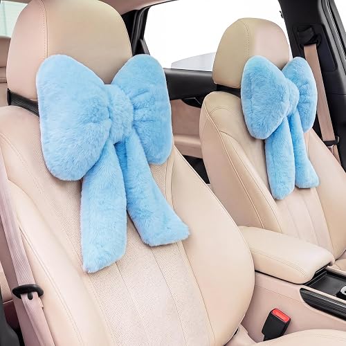 Macarrie 2 Pcs Car Neck Pillow Plush Butterfly Bow Car Headrest Pillow Comfortable Seat Neck Support Cute Head Rest Accessories for Driving Travel Driver Chair Girl Interior Decor (Blue,Solid)