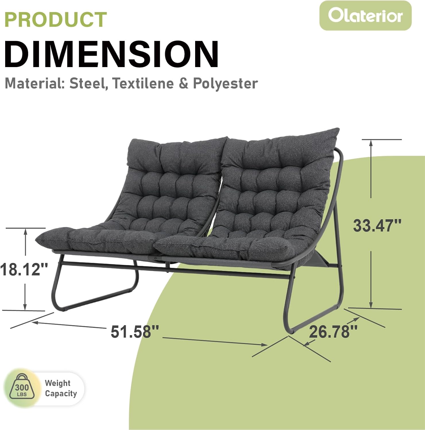 Patio Loveseat, Outdoor Double Chair, Oversized Padded Comfy Outdoor Love Seat, 2 Seater Couch with Cushion, All-Weather Patio Conversation Furniture for Porch Balcony Poolside, Dark Grey