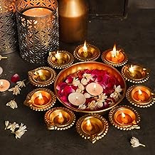 Urli Bowl 14 Inch 12 Diya Holder Indian Diwali Decorations Floating Flowers and Tea Light Candle Holder Pooja Navratri