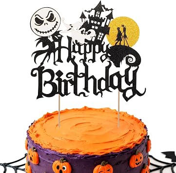 1 PCS Halloween Happy Birthday Cake Topper Glitter for Christmas Party Cake Decorations, Castle Ghost Theme