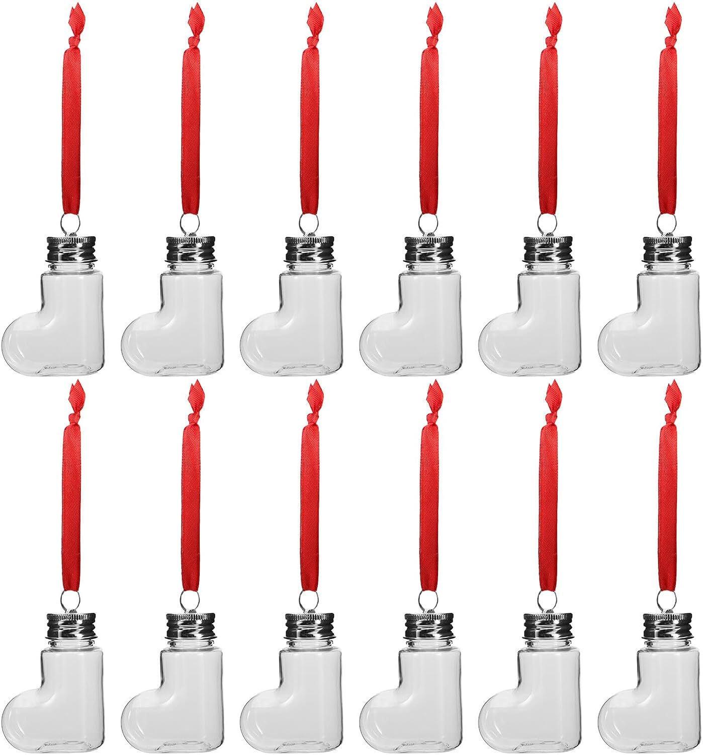 14pcs Pet Sock-shaped Candy Bottles with Silver Aluminum Caps and Red Hanging Ropes, 50ml Plastic Fillable Holiday Treat Containers for Christmas Tree Decorations and Party Favors