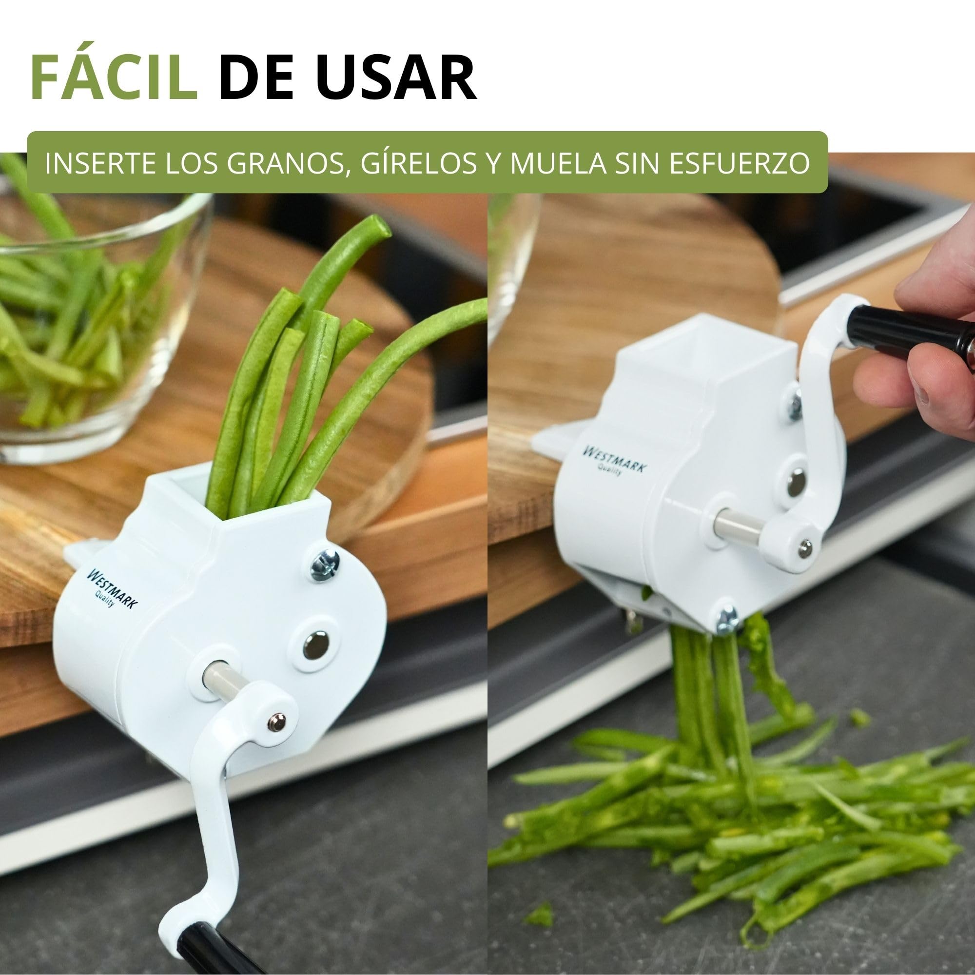 Westmark Mandolina para judías con gran abertura de corte y abrazadera de tornillo para el montaje en la mesa, Cuchillas de acero inoxidable/carcasa de acero, Blanco, 11862260