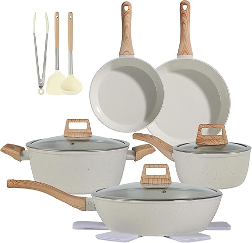 Juego de utensilios de cocina de cerámica 15PCS ollas y sartenes antiadherentes (blanco15)