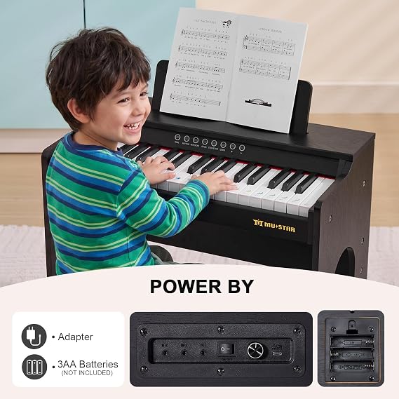 Kids Piano Keyboard, 37 Keys Wooden Digital Piano for Kids with Bench,Song Book, DIY Stickers, Cover, Education Creative Musical Instruments Toy for Boys & Grils Gifts
