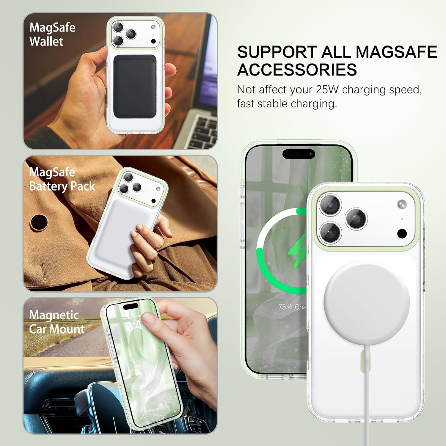  Magnetic for iPhone 17 Pro Case 6.3", Compatible with Magsafe Shockproof Protective Bumper Cute Transparent Slim Anti-Yellowing Phone Case for iPhone 17 Pro Cover, Clear Green thumbnail
