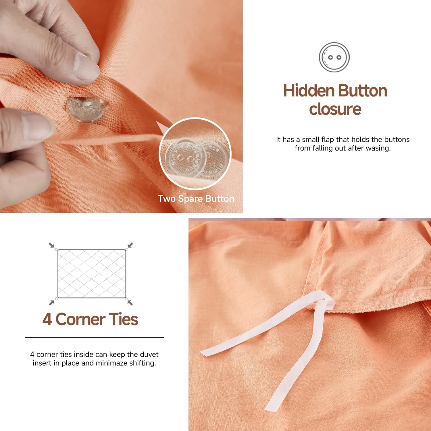 Simple&Opulence King Duvet Cover with 2 Pillowcases,Soft Cotton Linen Duvet Cover,King Size Bedding Set including Button Closure,Hypoallergenic Luxurious Breathable Quilt Cover Set,230x220cm,Peach - Image 3