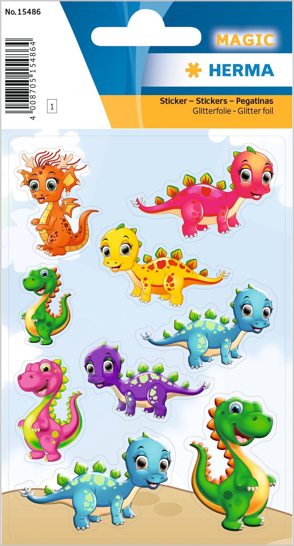 HERMA 15486 Glitter Stickers for Children, Small Dinos (9 Stickers, Foil, Glitter) Self-Adhesive, Permanent Adhesive Motif Labels for Girls and Boys, Colourful