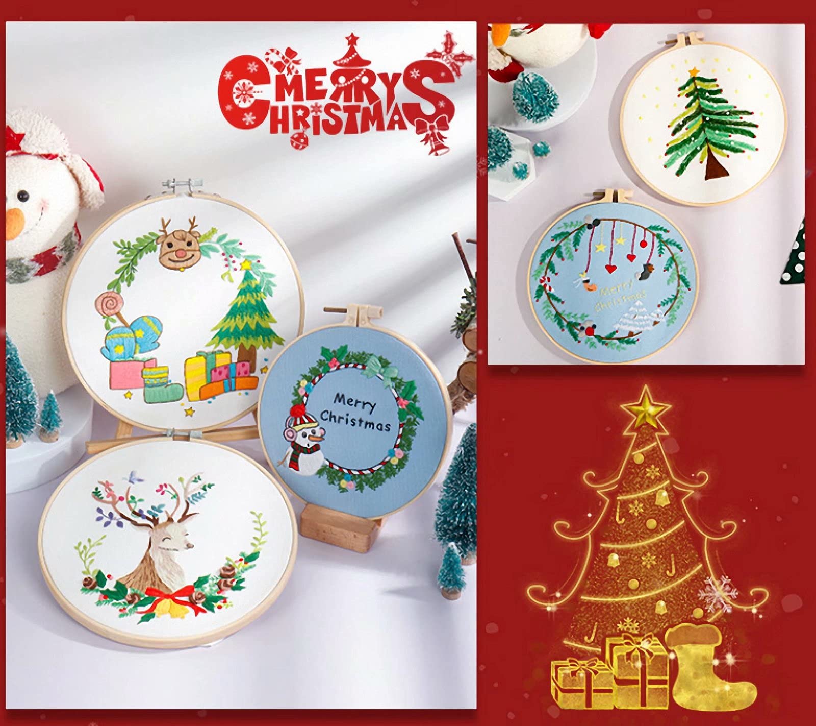 Kit Broderie Point De Croix Couronne De Noël - 20 Cm, Avec Cercle En Bambou, Fils Colorés, Aiguilles - Loisir Créatif, Décoration Fête