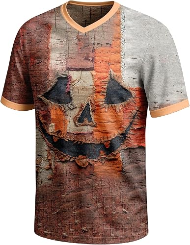 Halloween Short Shirt for Men Patchwork Print Block Pumpkin 