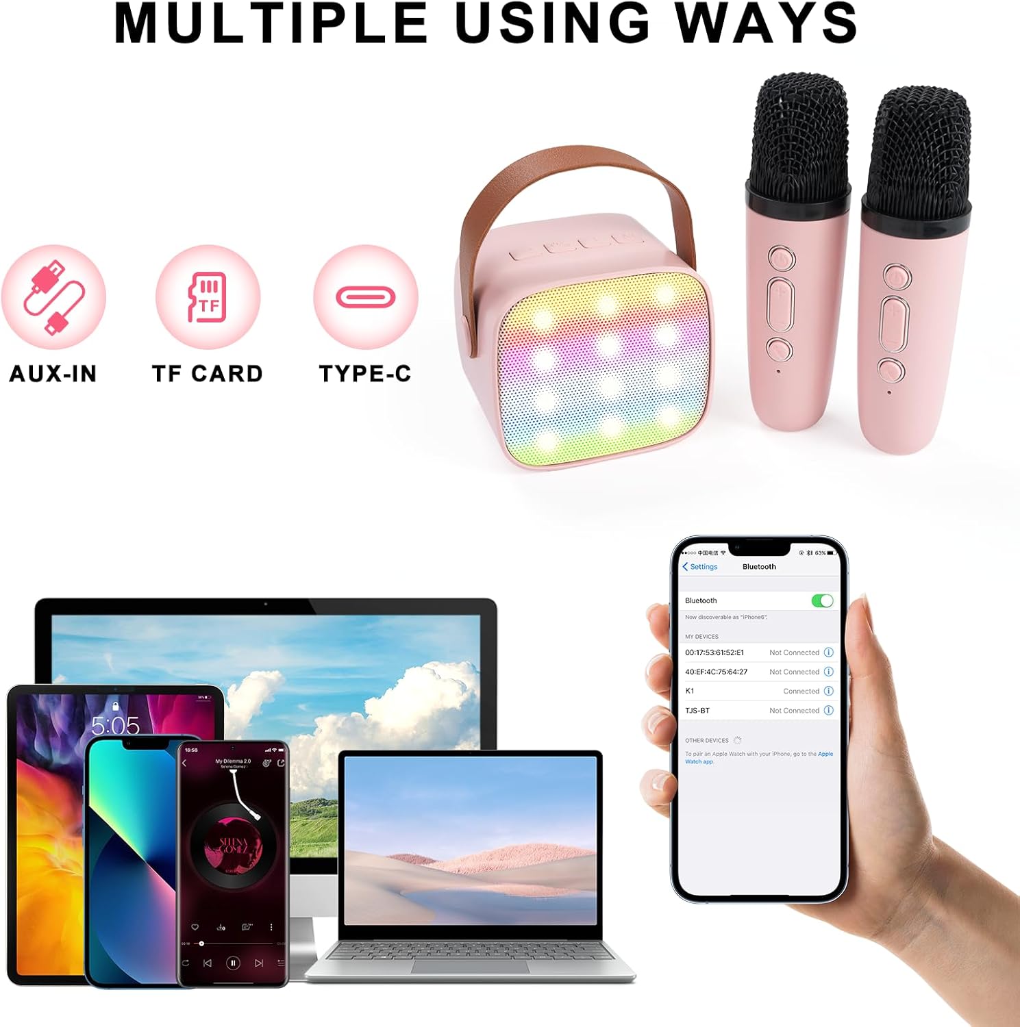 Mini Karaoke Machine for Kids Adults,with 2 Wireless Microphones & Light- Bluetooth Portable Speaker Birthday Gifts for Girls 3-12 Years Old Toddler Toys - Image 4