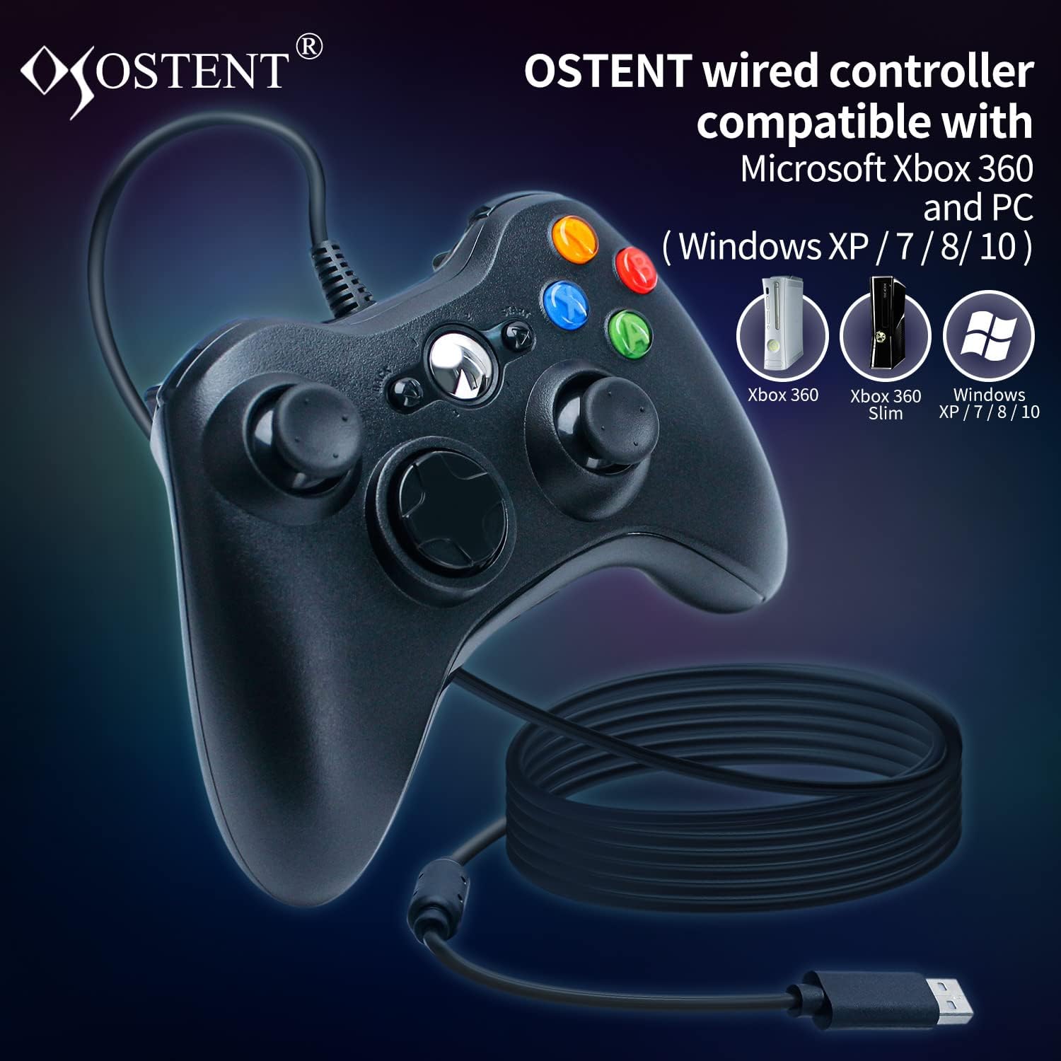 OSTENT Wired USB Controller Gamepad Joystick for Microsoft Xbox 360 Console Windows PC Laptop Computer Video Game Color Black