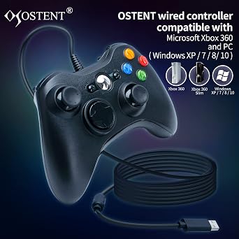 OSTENT Wired USB Controller Gamepad Joystick for Microsoft Xbox 360 Console Windows PC Laptop Computer Video Game Color Black
