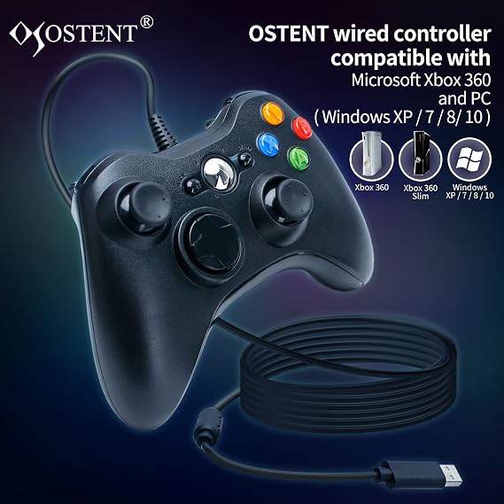 OSTENT Wired USB Controller Gamepad Joystick for Microsoft Xbox 360 Console Windows PC Laptop Computer Video Game Color Black
